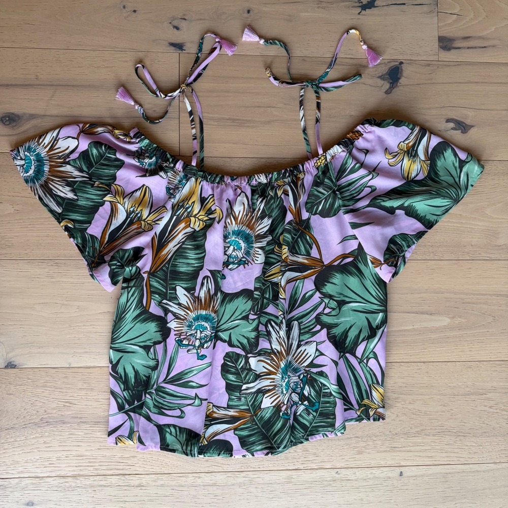 J.Crew Factory Womens Tropical Floral Tassel Tie Off Shoulder Top Size 4